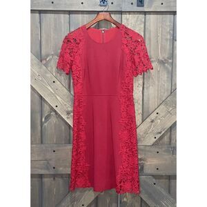 Elie Tahari Red Crochet Short Sleeves Sheath Midi Formal Dress Women's US Size 4